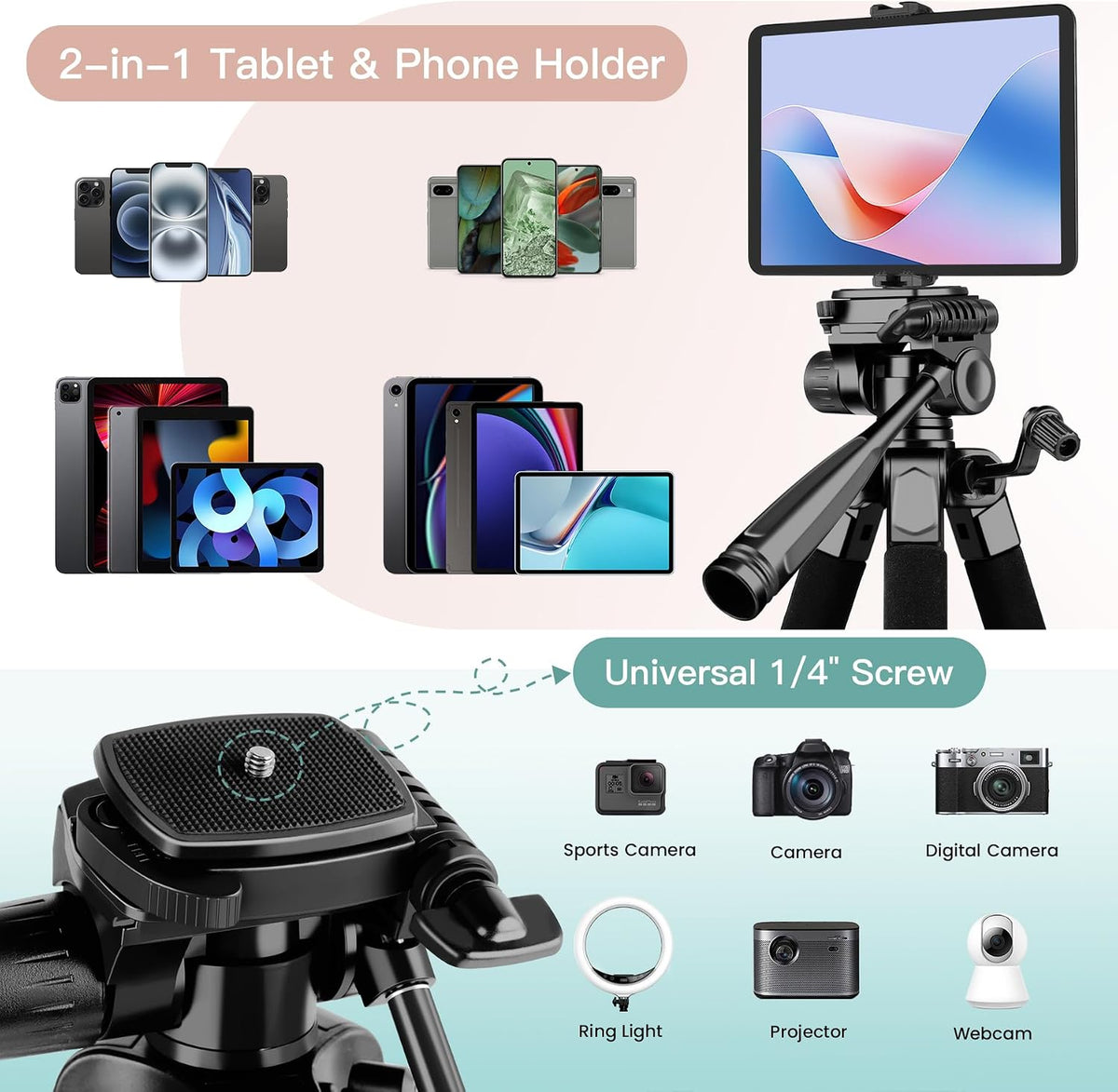 VICTIV Camera Tripod, 68" Phone Tripod for Tablet iPad iPhone with Remote