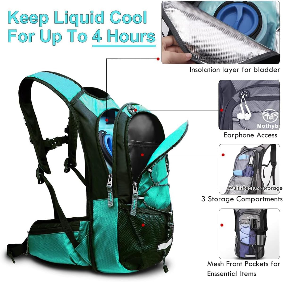 Mothybot Hydration Pack, Insulated Hydration Backpack with 2L BPA Free Water Bladder and Storage, Hiking Backpack for Men, Women, Kids for Running, Cycling, Camping - Keep Liquid Cool up to 5 Hours