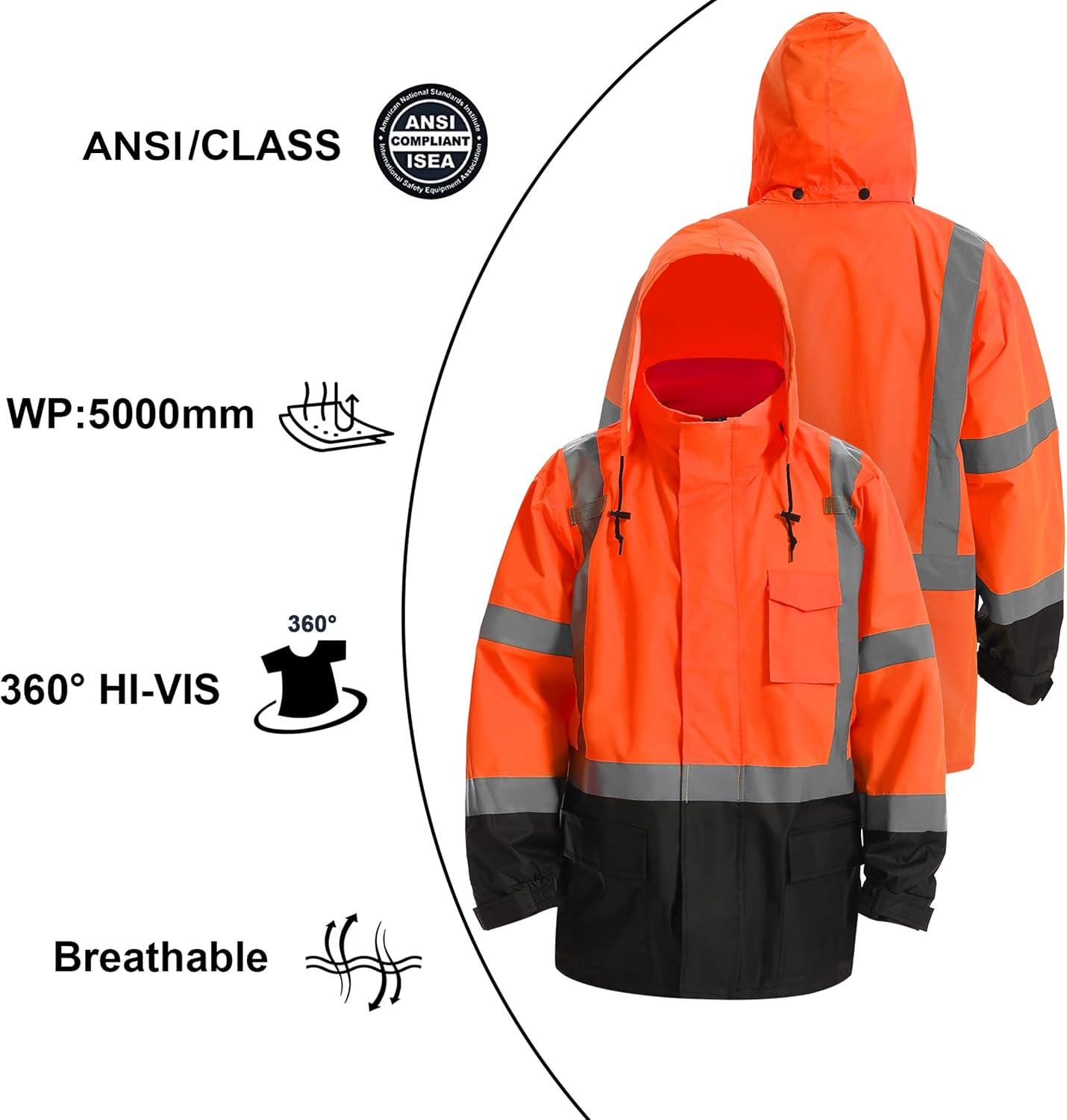 Reflective Rain jackets for men waterproof,Hi Vis Safety Coat With Reflective Strips，High Visibility Class 3 Rain jackets With 2 large pockets，Zipper,Black Bottom Orange,2XL/3XL