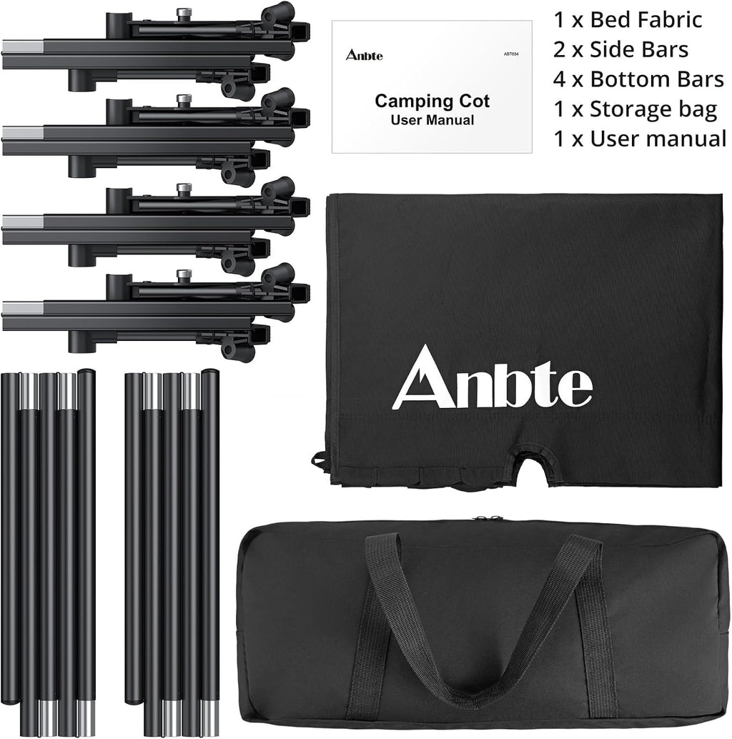 Anbte Ultralight Folding Camping Cot, Comfortable Portable Camping Cot Supports 275 lbs with Storage Bag & Side Pocket, Lightweight Folding Bed for Outdoor Travel Tent Indoor Emergency Bed, Black