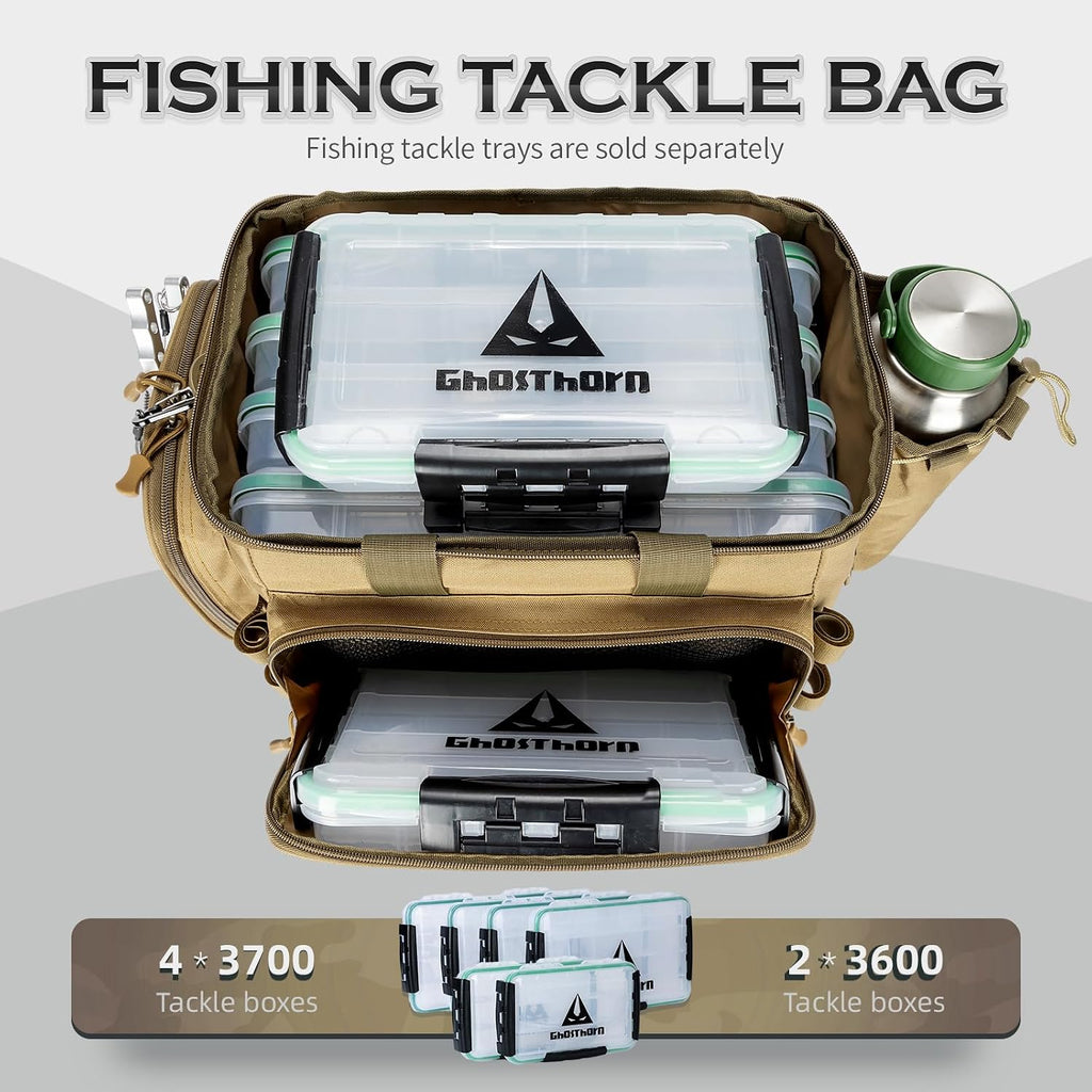 Ghosthorn Large Fishing Tackle Bag with Rod Holder Waterproof Gear Storage