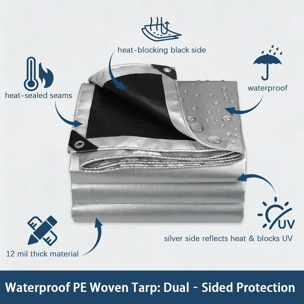Artpuch Tarp 16x20FT, 12 Mil Heavy Duty Waterproof Poly Tarps with Grommets & Reinforced Edges, Multipurpose Protective Tarp Cover for Outdoor Camping, Tent, Car, Silver/Black