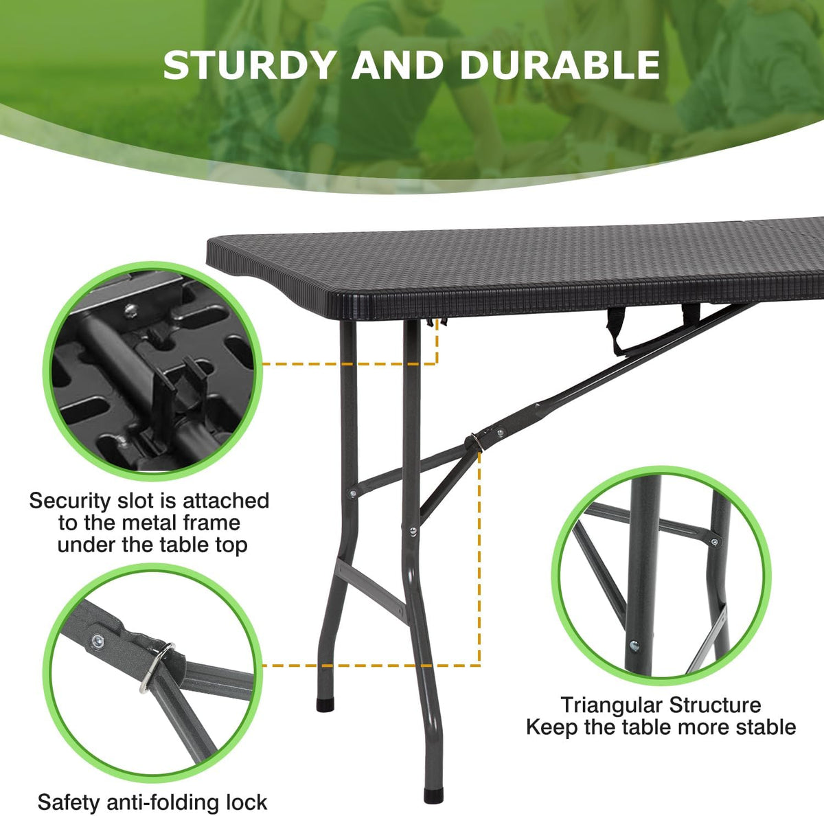 BestOffice | 6FT Folding Table | Black Ratten | Portable Plastic Table