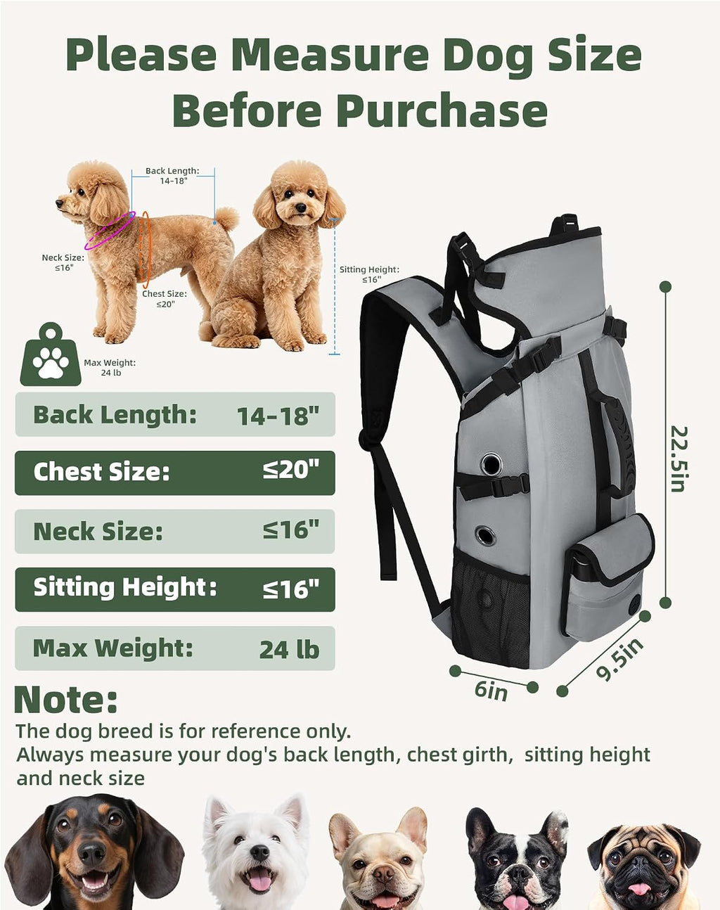 Breathable Dog Hiking Backpack Carrier for Small Dogs, Grey
