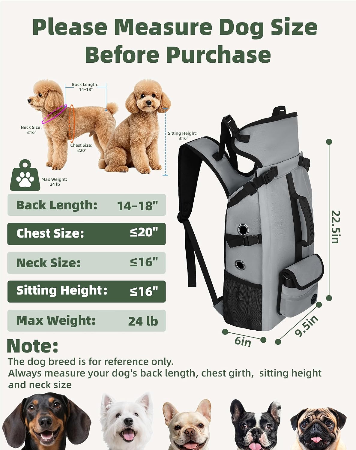 Breathable Dog Hiking Backpack Carrier for Small Dogs, Grey