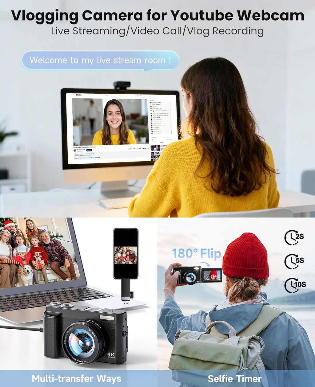 4K Digital Camera for Photography, with WiFi, 180° Flip Screen, 32GB Card
