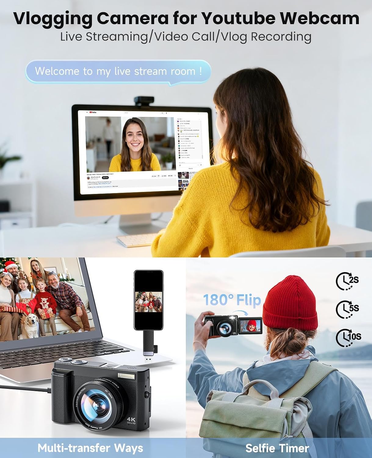 4K Digital Camera for Photography, with WiFi, 180° Flip Screen, 32GB Card