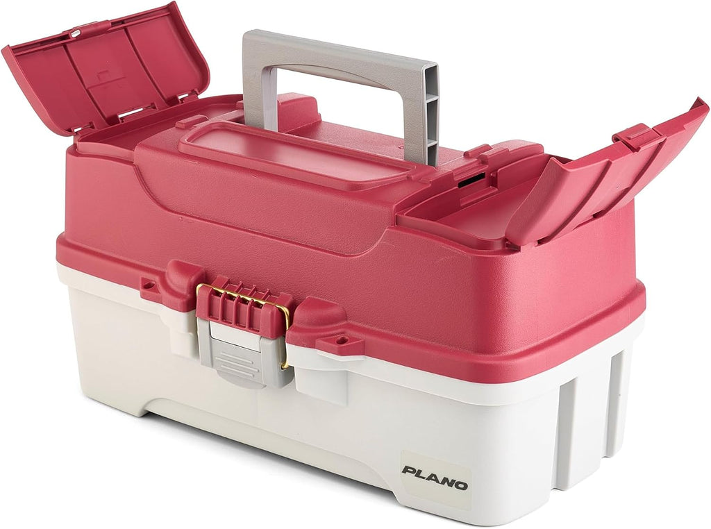 Plano Three-Tray Tackle Box Salmon Kit, Maroon/Grey, Rust-Proof Brass Latch, Top-Access Tray Compartments with Deep Storage, Made in the USA, Portable Fishing Gear Storage Organizer
