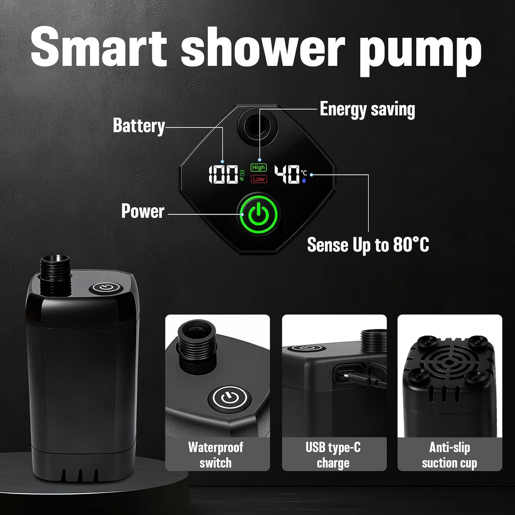 Portable Shower with Heater, Pop up Shower Privacy Tent with LED Lights, 6000mAh Camp Shower Pump, 6.6 Gallons Foldable Bucket, Outdoor Camping Shower Kit for Hiking, Beach, Pet Bath, Car Wash (Black)