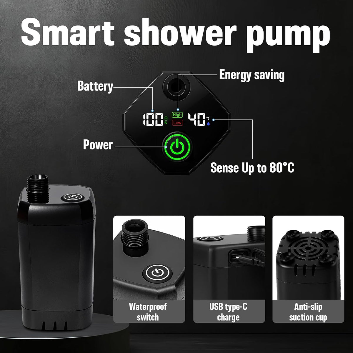 Portable Shower with Heater, Pop up Shower Privacy Tent with LED Lights, 6000mAh Camp Shower Pump, 6.6 Gallons Foldable Bucket, Outdoor Camping Shower Kit for Hiking, Beach, Pet Bath, Car Wash (Black)