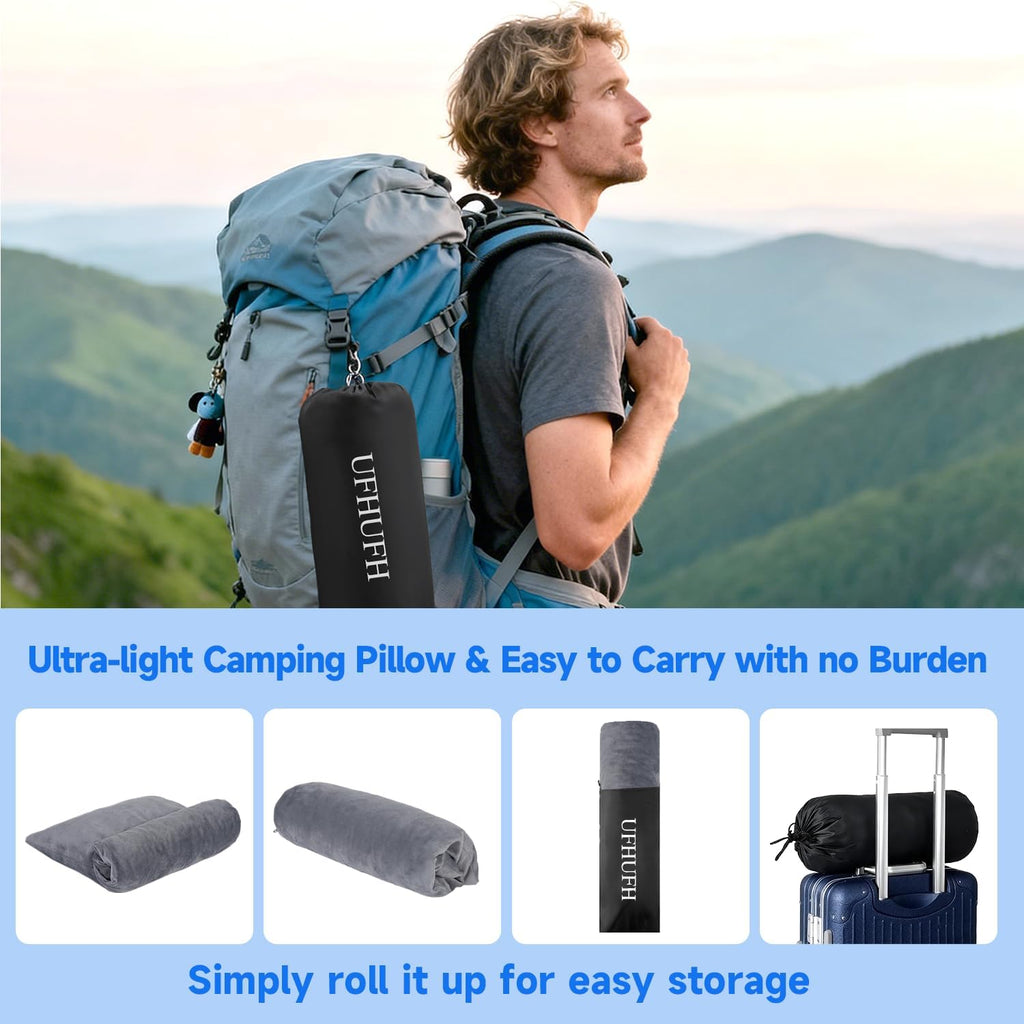 Camping Pillow,Compressible Small Shredded Memory Foam Pillow,Travel Pillow for Airplane,Backpacking and Hiking Grey Medium 1 Pack