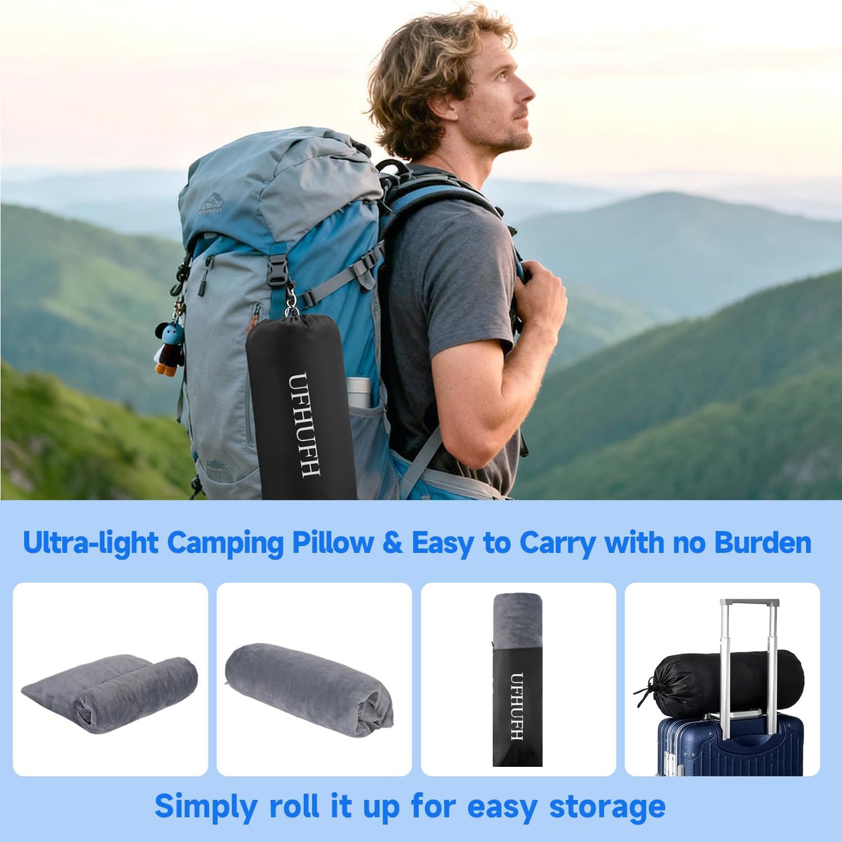 Camping Pillow,Compressible Small Shredded Memory Foam Pillow,Travel Pillow for Airplane,Backpacking and Hiking Grey Medium 1 Pack
