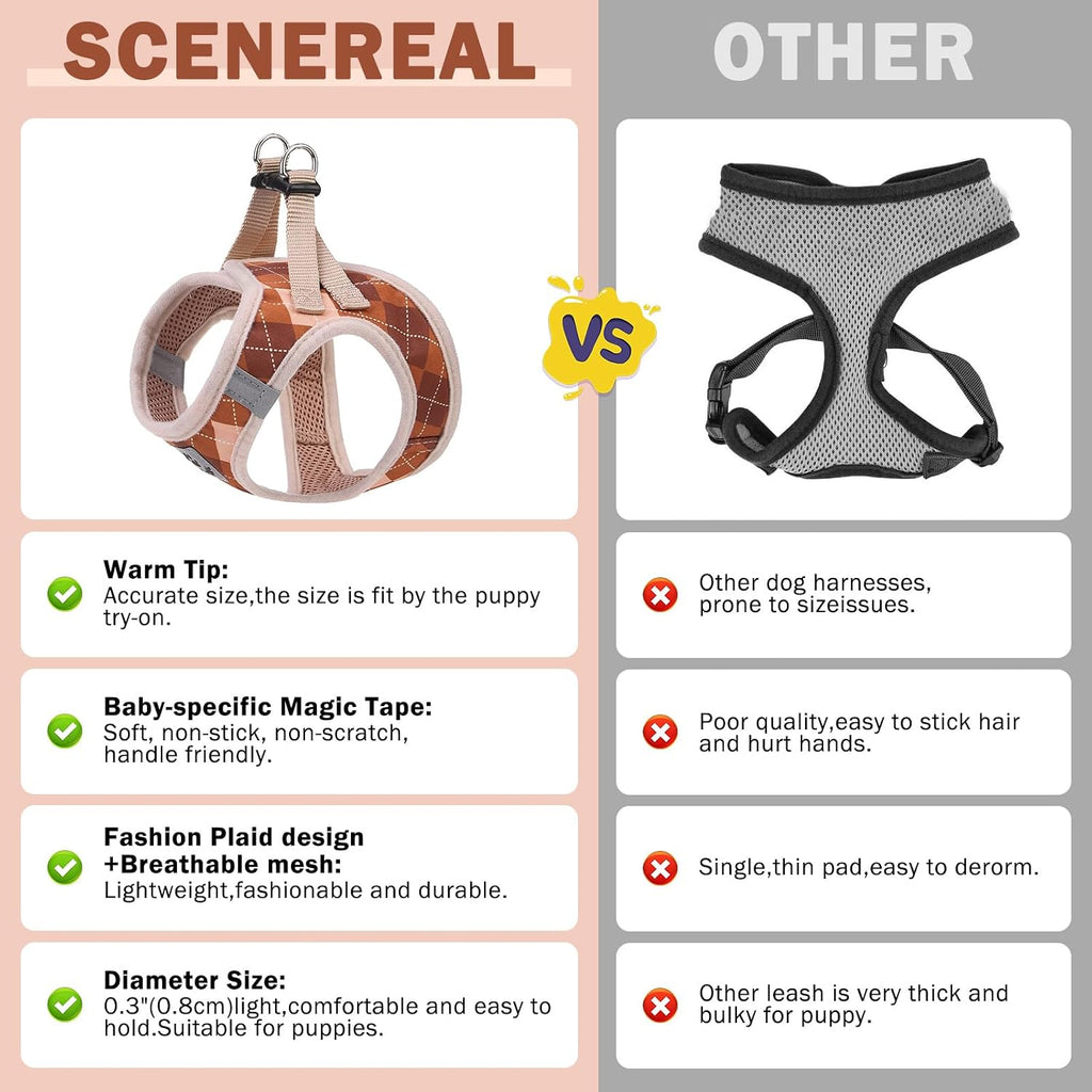 SCENEREAL Fall Thanksgiving Small Dog Harness and Leash Collar Set, Step in No Pull Plaid Puppy Harness for Small Dogs Outdoor Walking, Soft Mesh No Chock Reflective Vest Harness, Brown XS