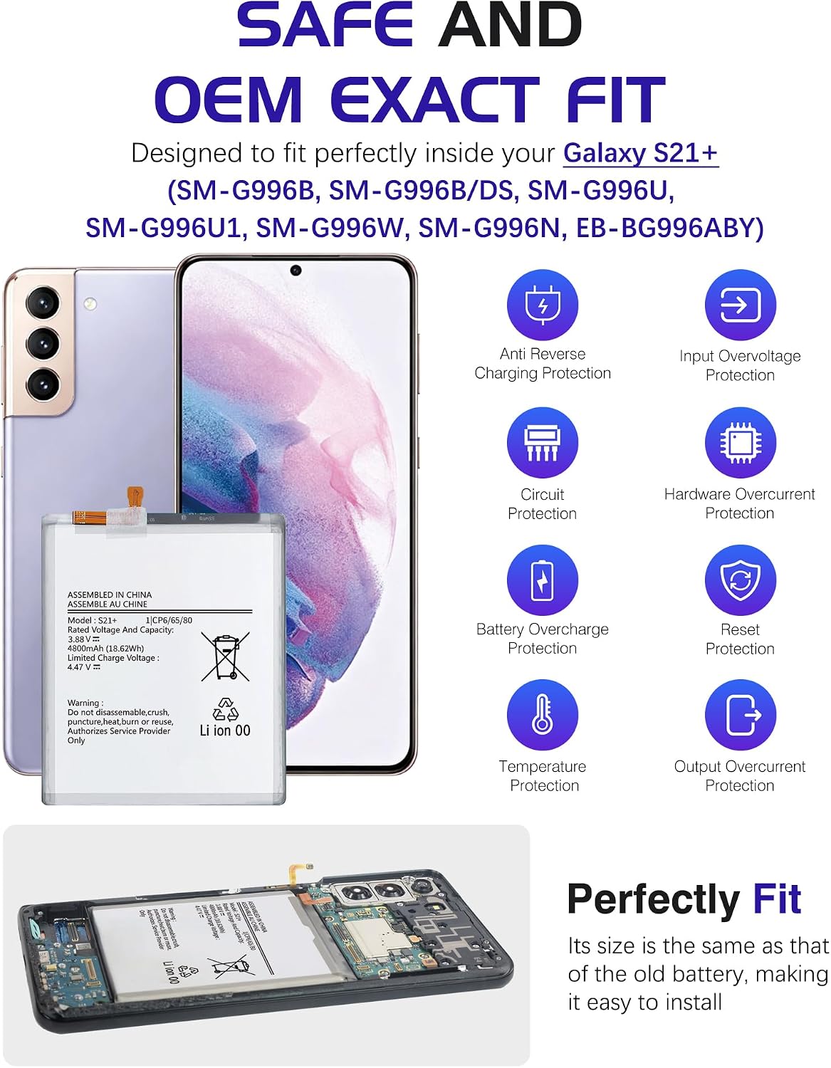 Galaxy S21 Plus 5G Replacement Battery,4800mAh EB-BG996ABY