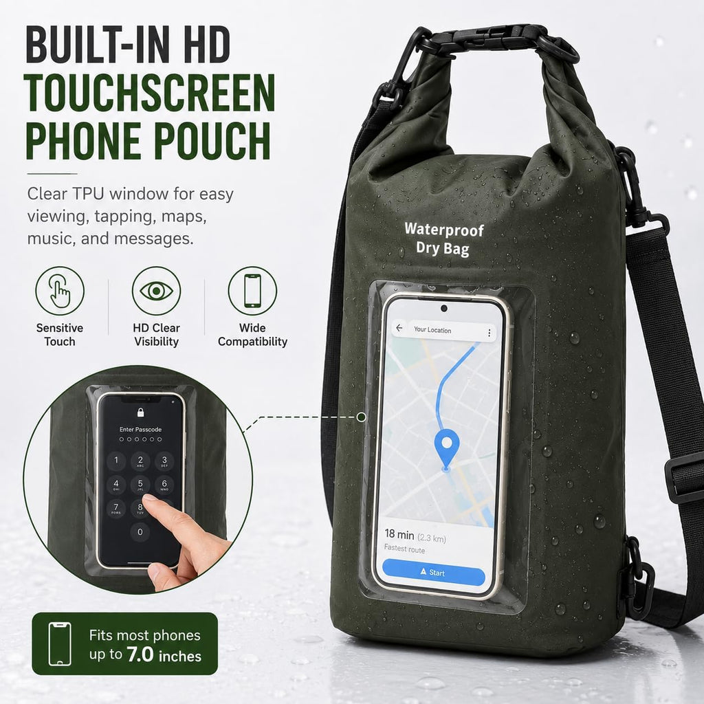 3L IPX8 Waterproof Dry Bag Backpack with Touchscreen Phone Pouch,Green