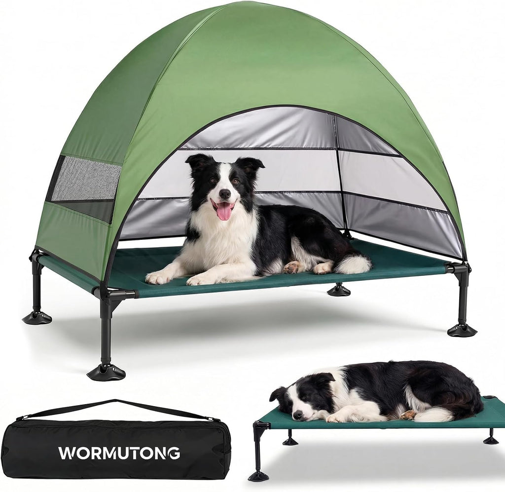 Elevated Outdoor Dog Bed with Canopy, Raised Dog Cot with Stable Adjustable Feet, Dog Camping Bed with Larger Shade, Lifted Dog Tent Bed with Canopy for Outside (Green, Large)