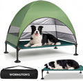 Elevated Outdoor Dog Bed with Canopy, Raised Dog Cot with Stable Adjustable Feet, Dog Camping Bed with Larger Shade, Lifted Dog Tent Bed with Canopy for Outside (Green, Large)