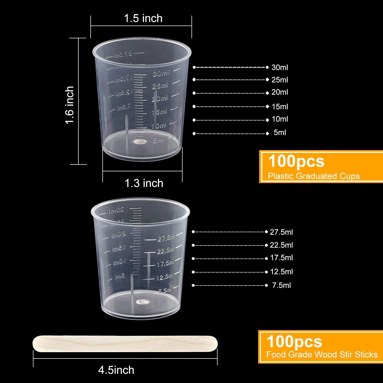 Coopay 100 Pack 30ml/1oz Plastic Graduated Cups Transparent Scale Cups Clear Epoxy Mixing Cylinder with 100 Pack Wooden Stirring Sticks for Resin, Epoxy, Stain, Mixing Paint