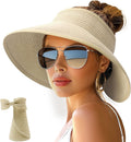 NPJY Sun Hats for Women Wide Brim Roll-Up Ponytail Packable Straw Visor