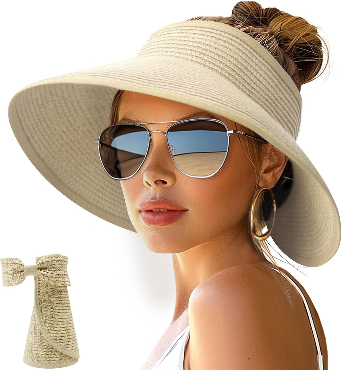 NPJY Sun Hats for Women Wide Brim Roll-Up Ponytail Packable Straw Visor