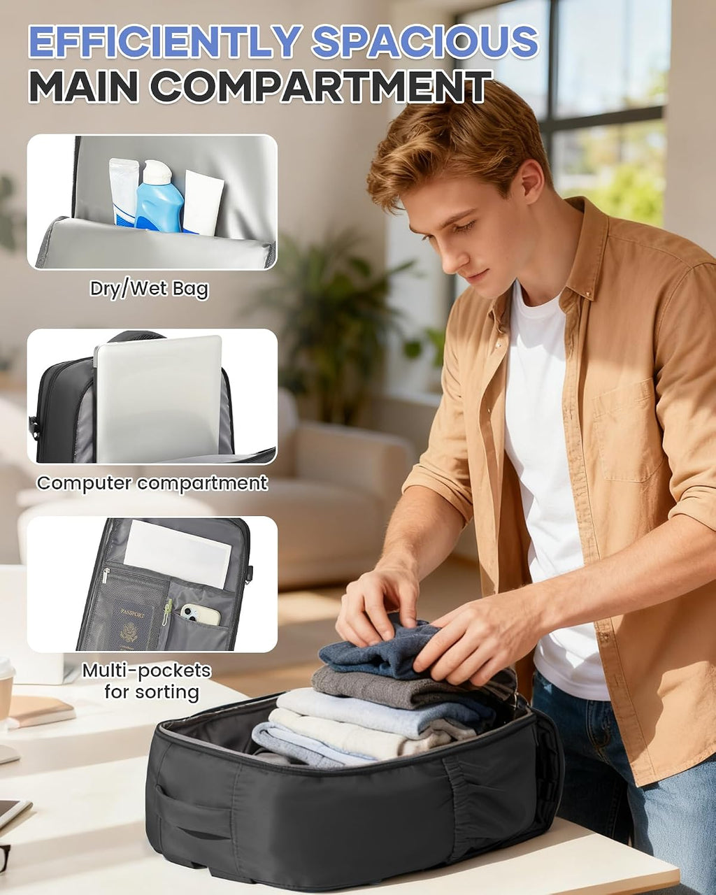 Large Travel Backpack Women Carry On Hiking Backpack Waterproof Outdoor Sports Casual Daypack Personal item Travel Bag Airplane Essentials Spirit Airline Flight Approved Shoes Compartment Men,Black