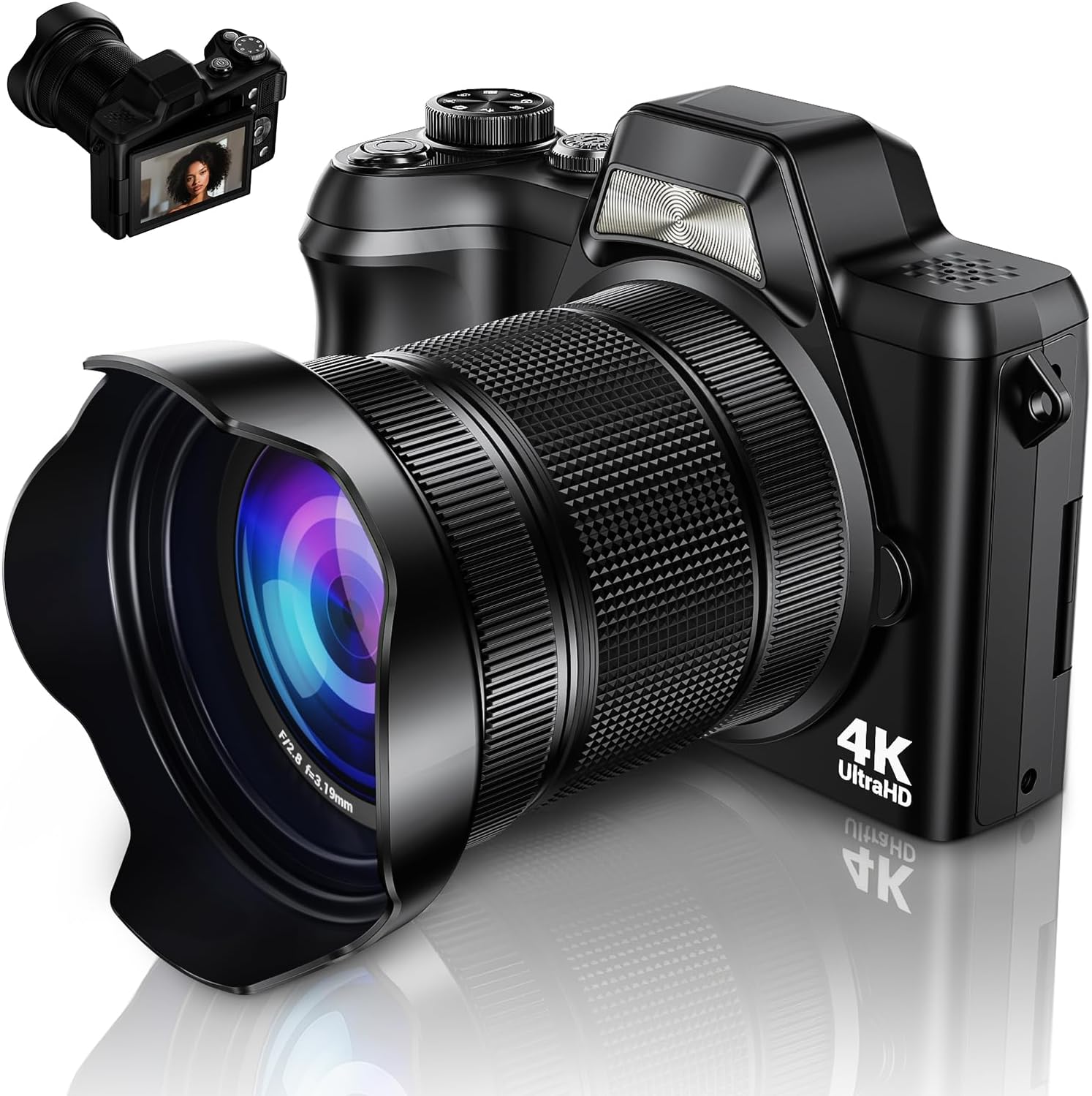 4K Digital Camera for Photography, 56MP Autofocus Vlogging Camera for YouTube Travel, 3" 180°Flip Screen & Lens Hood 16X Zoom, 32GB SD Card for Teens & Beginners