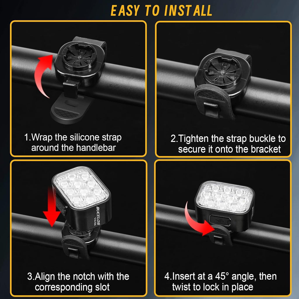 BUCKLOS Bike Lights Front and Back for Night Riding, 10 LED Ultra Bright 8+9 Modes USB Rechargeable Bicycle Headlight and Tail, IPX6 Waterproof 1100mAh Bikes Light Set, 35 Hrs Long Battery Powered