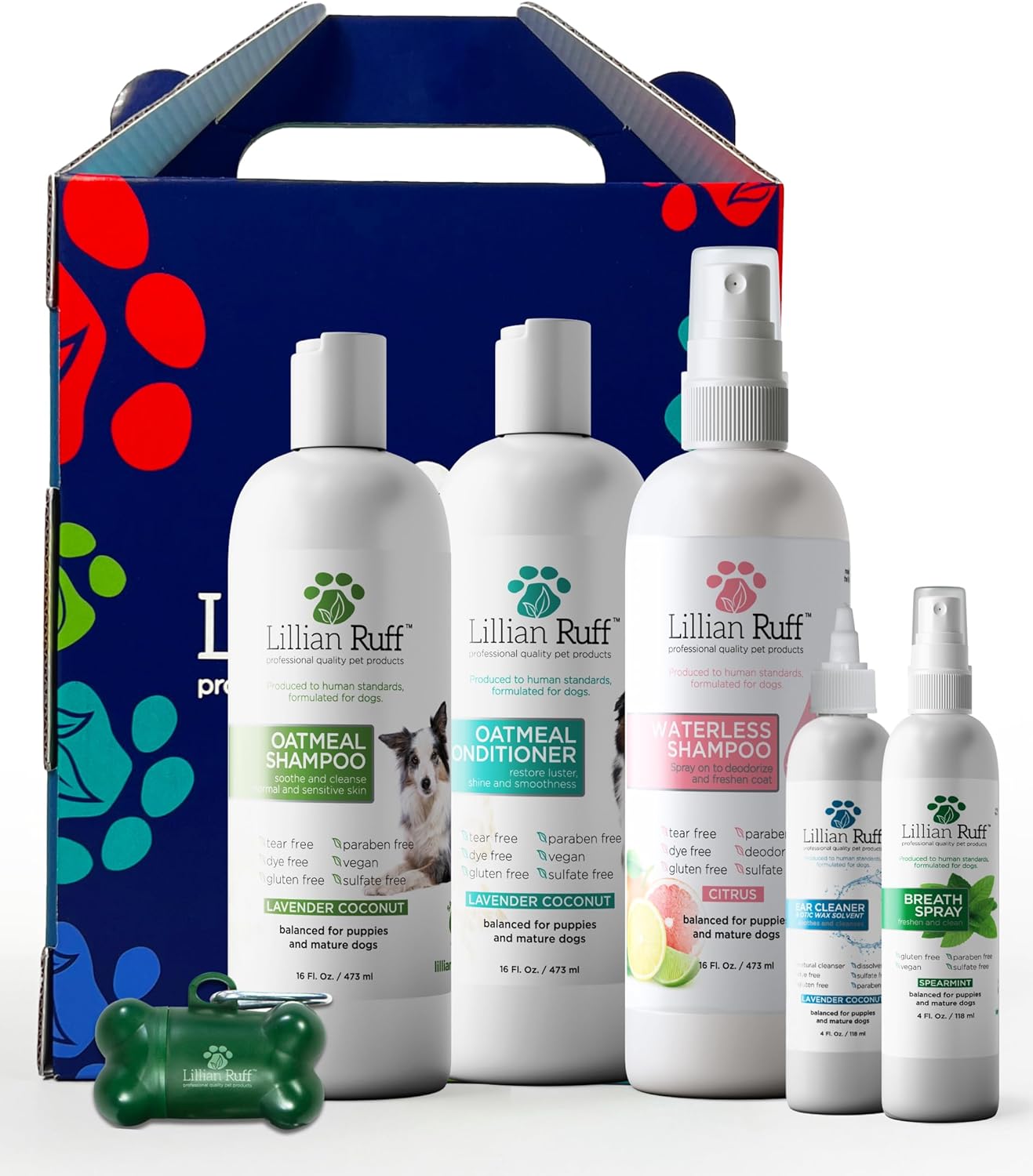 Lillian Ruff Starter Pack Gift Set for Dogs | Oatmeal Shampoo, Oatmeal Conditioner, Waterless Shampoo Citrus, Ear Cleaner & Otic Wax Solvent, Breath Spray, Leash Clip Waste Bag Dispenser with 15 Bags