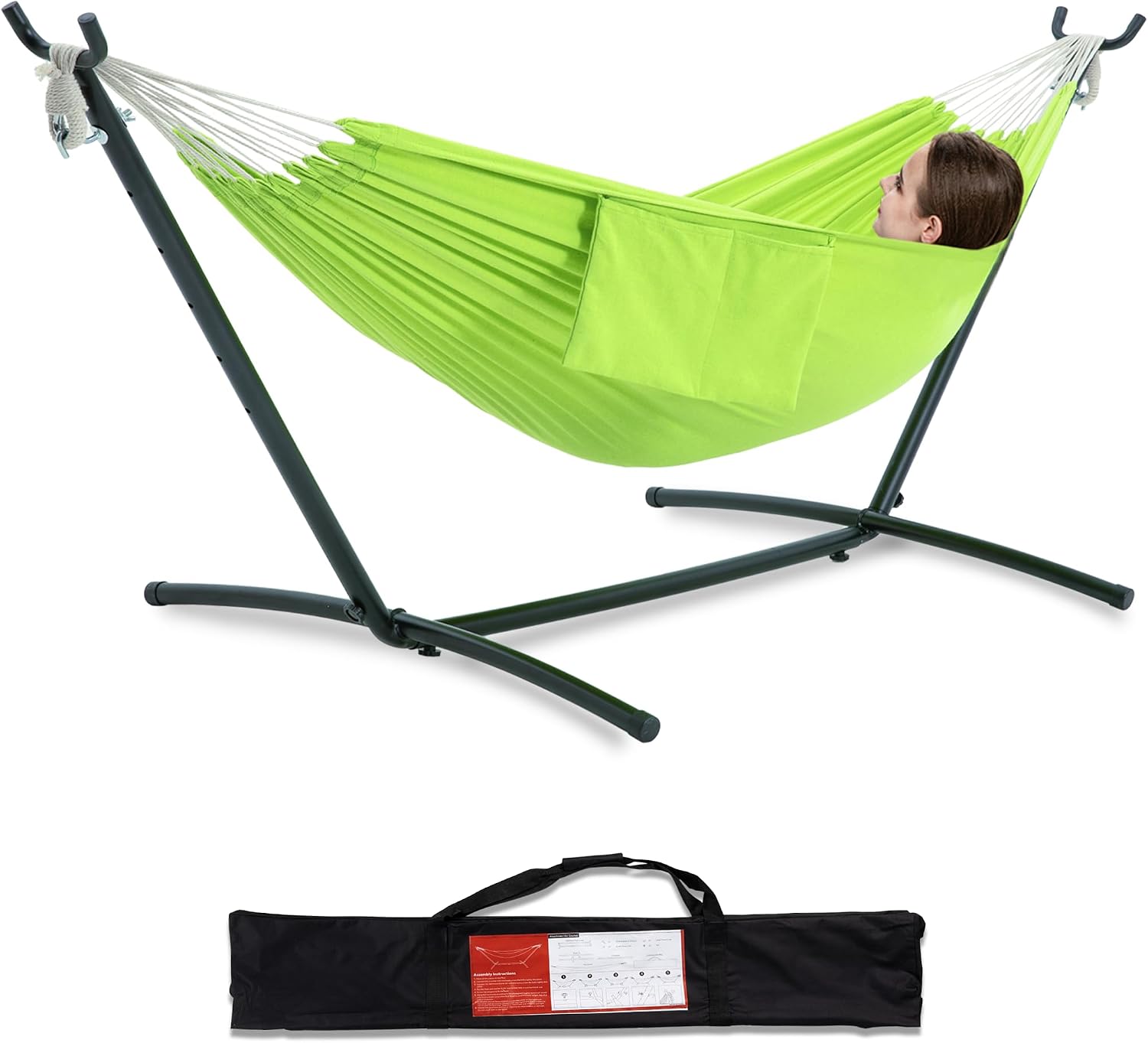 PNAEUT Double Hammock with Stand for Outside, Heavy-Duty, Portable(Green)