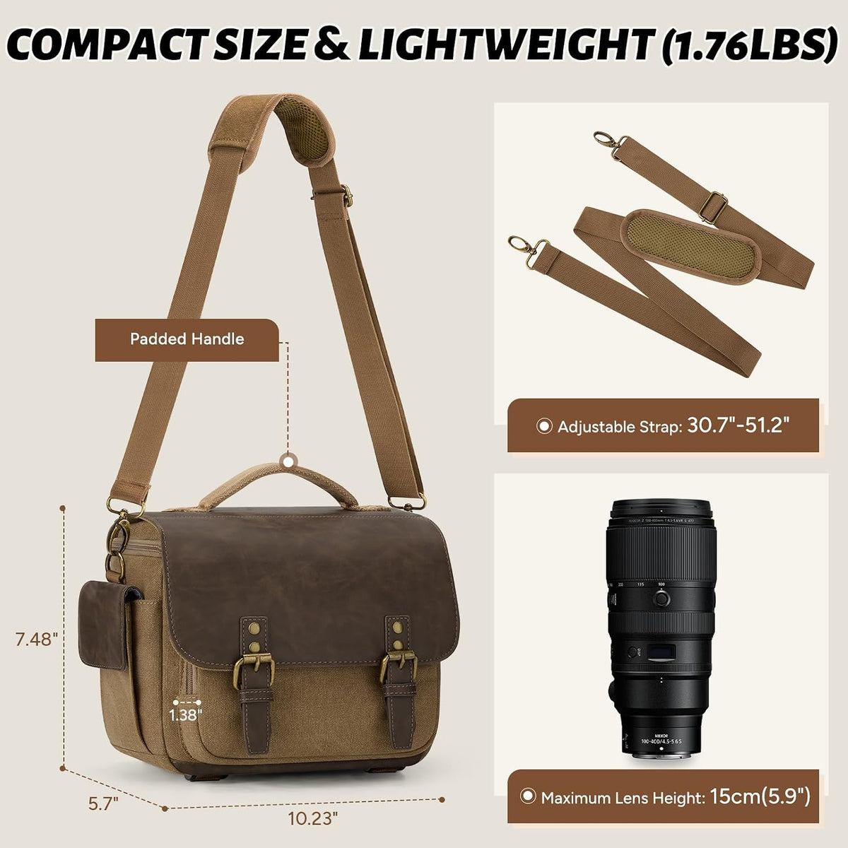 RAINSMORE Camera Bag, Vintage Canvas Camera Sling Bag Crossbody Camera Case