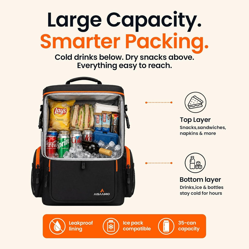 35L Insulated Cooler Backpack (35 Cans) - Leakproof Soft Sided Backpack Cooler with Anti-Theft Pocket & Bottle Opener - Beach, Hiking, Camping, Tailgate - Gift for Men & Women