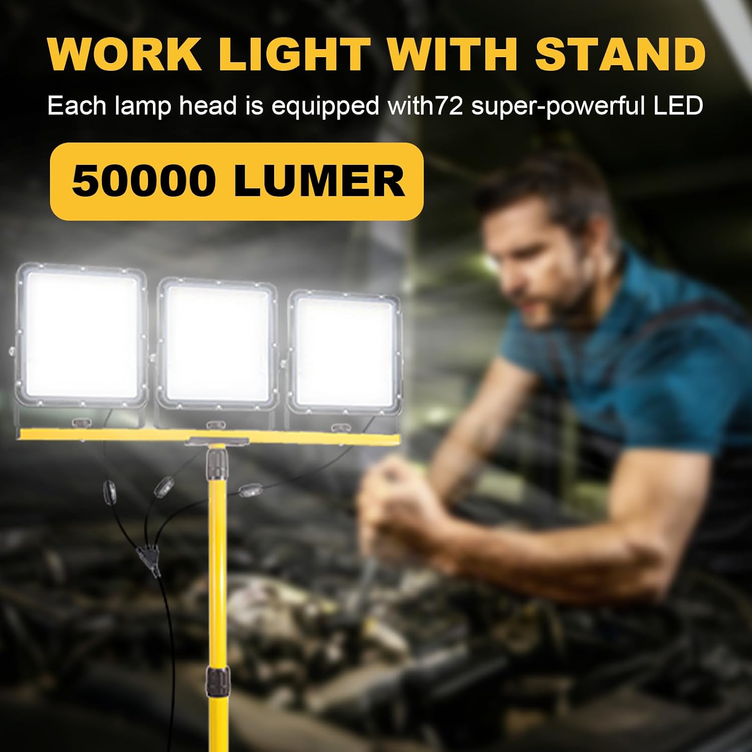 50000Lumen LED Work Lights with Stand - 3 Head Portable Work Light with IP65 Waterproof, Adjustable Stand, 16ft Cord for Construction Sites, Garage, Warehouse Lighting - Indoor Outdoor