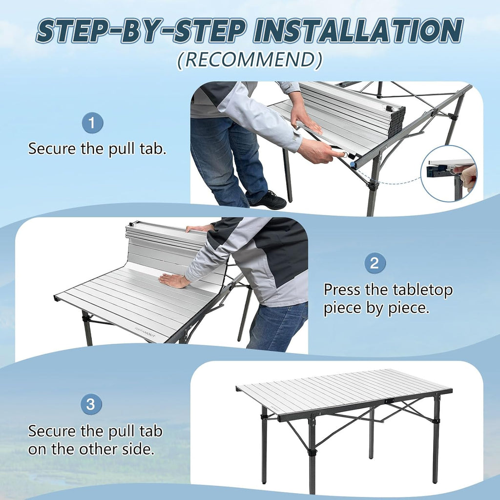 29.9" Tall Folding Camping Table for 2-6 Person, 54.7" Large Aluminum Foldable Roll-up Table Outdoor with Carry Bag for Picnic, Camp, Sturdy, Backyard, Patio