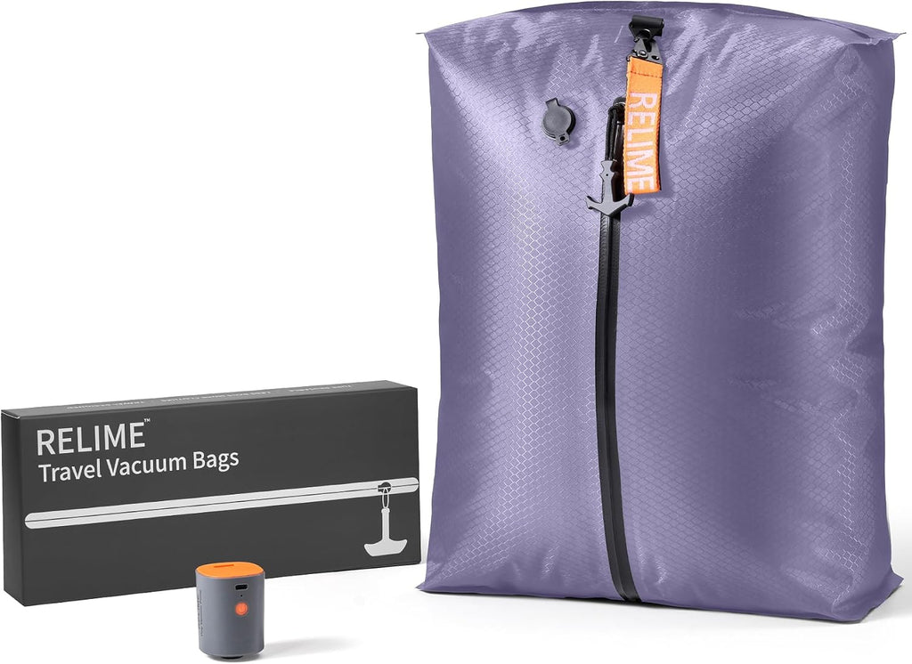 Relime Classic Series Vacuum Bags for Travel Luggage with Wireless Pump, Compression Bags for Carry On Suitcases and Backpack, Vacuum Seal Packing cube for Cloth Packing (2PC + PUMP Gray & Blue)