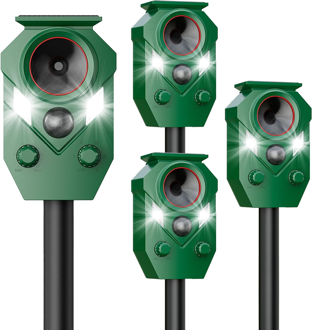 4 Pack Solar Powered Ultrasonic Animal Repellent Outdoor, Motion Activated Deer Repellent Devices with Flashing Lights, Waterproof Cat Repellent Outdoor, Repels Dog, Raccoon, Coyote for Garden & Lawn
