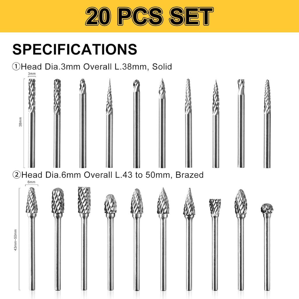 1/8"Shank Tungsten Carbide Burr Set,20PC Double Cut Die Grinder Rotary Tool