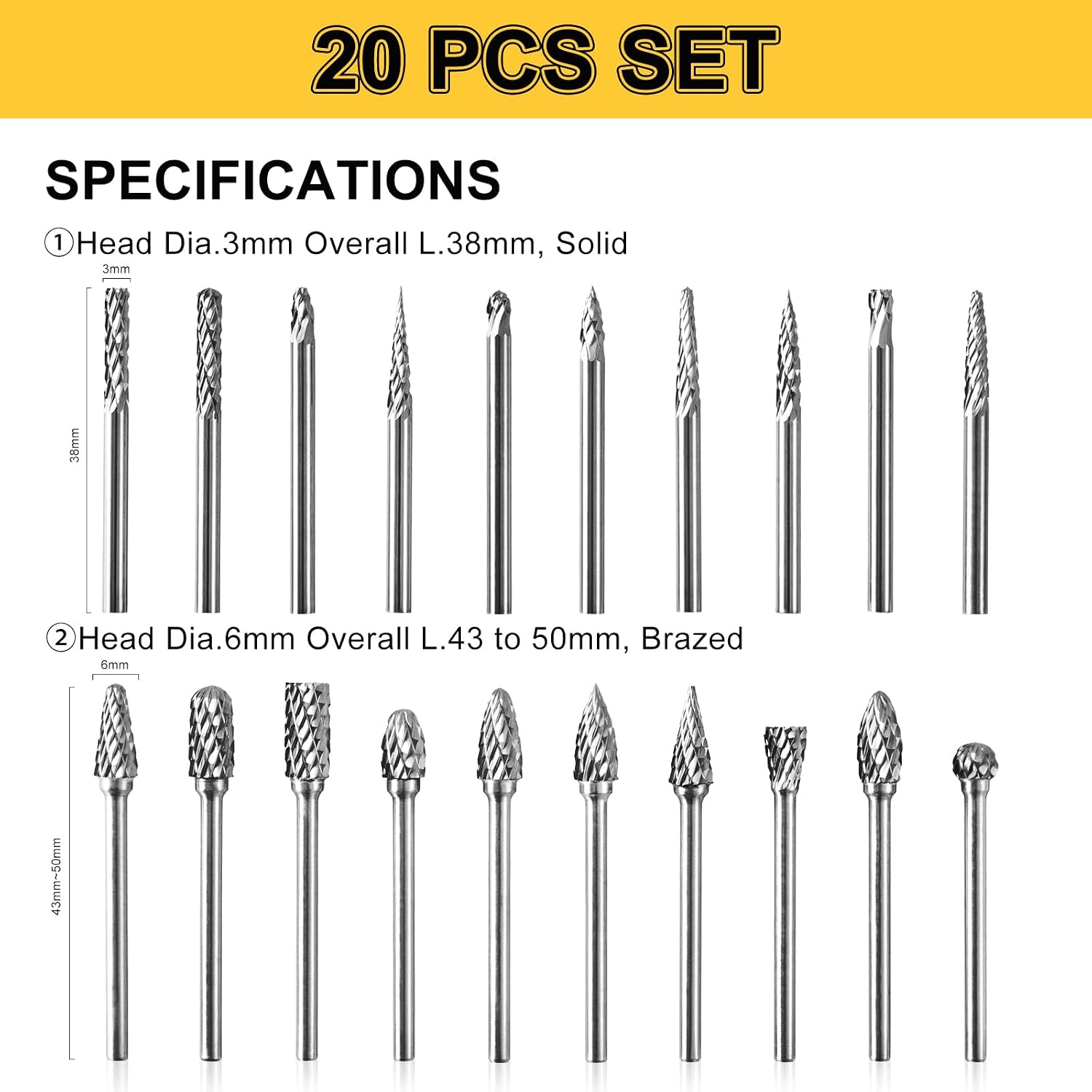 1/8"Shank Tungsten Carbide Burr Set,20PC Double Cut Die Grinder Rotary Tool
