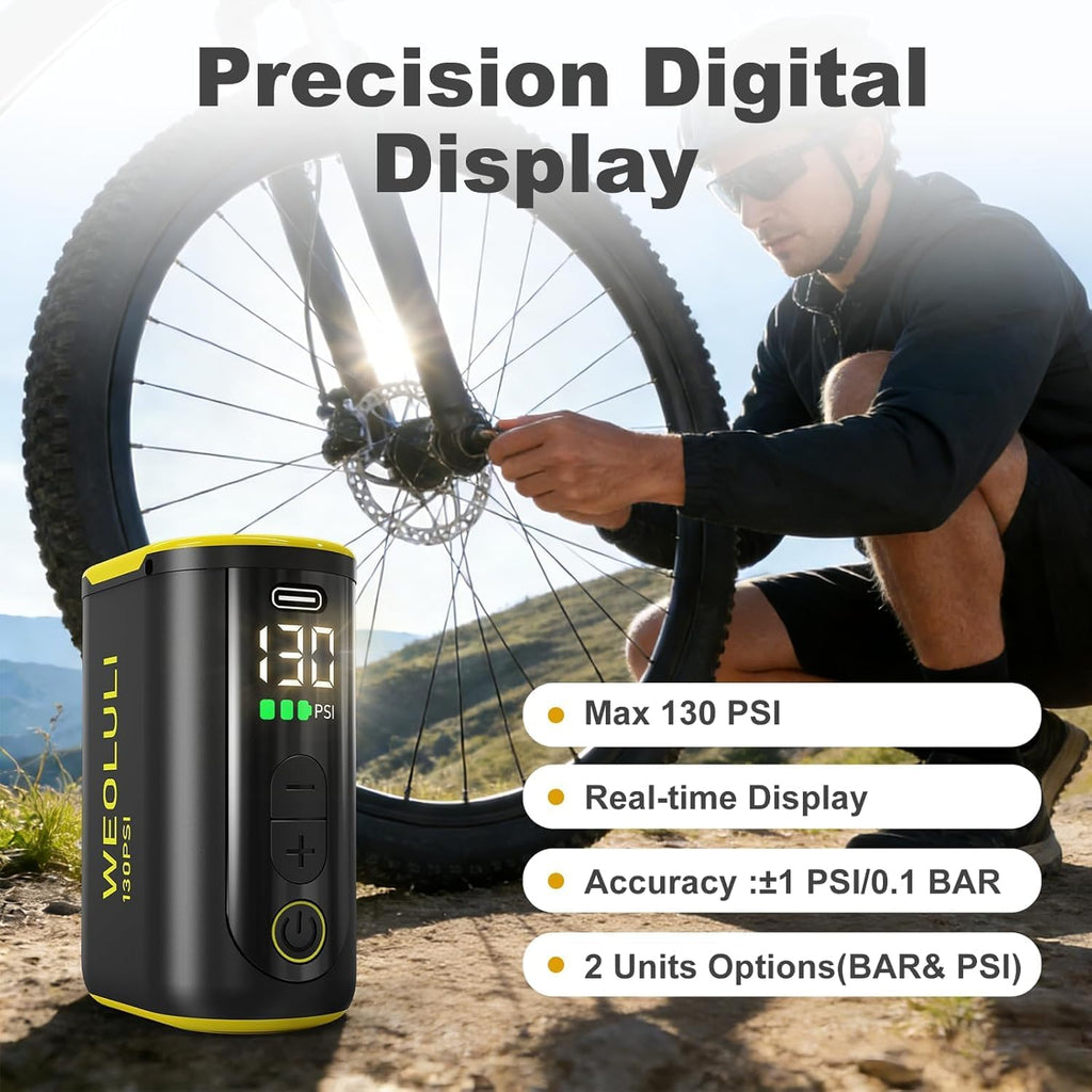 Electric Bike Pump, 130 PSI Mini Bicycle Pump with Digital Pressure Gauge & Auto-Shut-Off, Snap-On Connector for Presta & Schrader Valves,E-Bike, MTB,Road Bike
