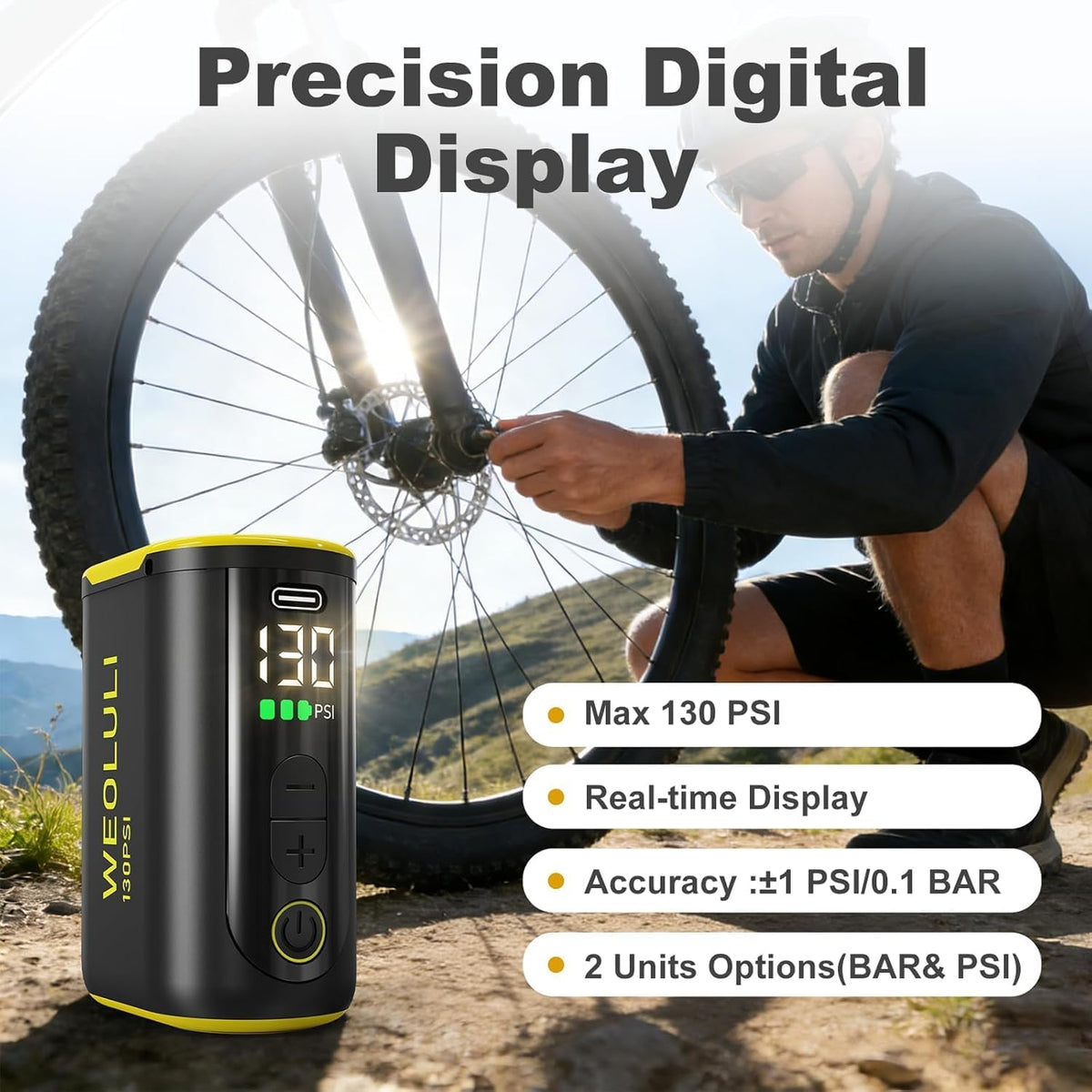 Electric Bike Pump, 130 PSI Mini Bicycle Pump with Digital Pressure Gauge & Auto-Shut-Off, Snap-On Connector for Presta & Schrader Valves,E-Bike, MTB,Road Bike