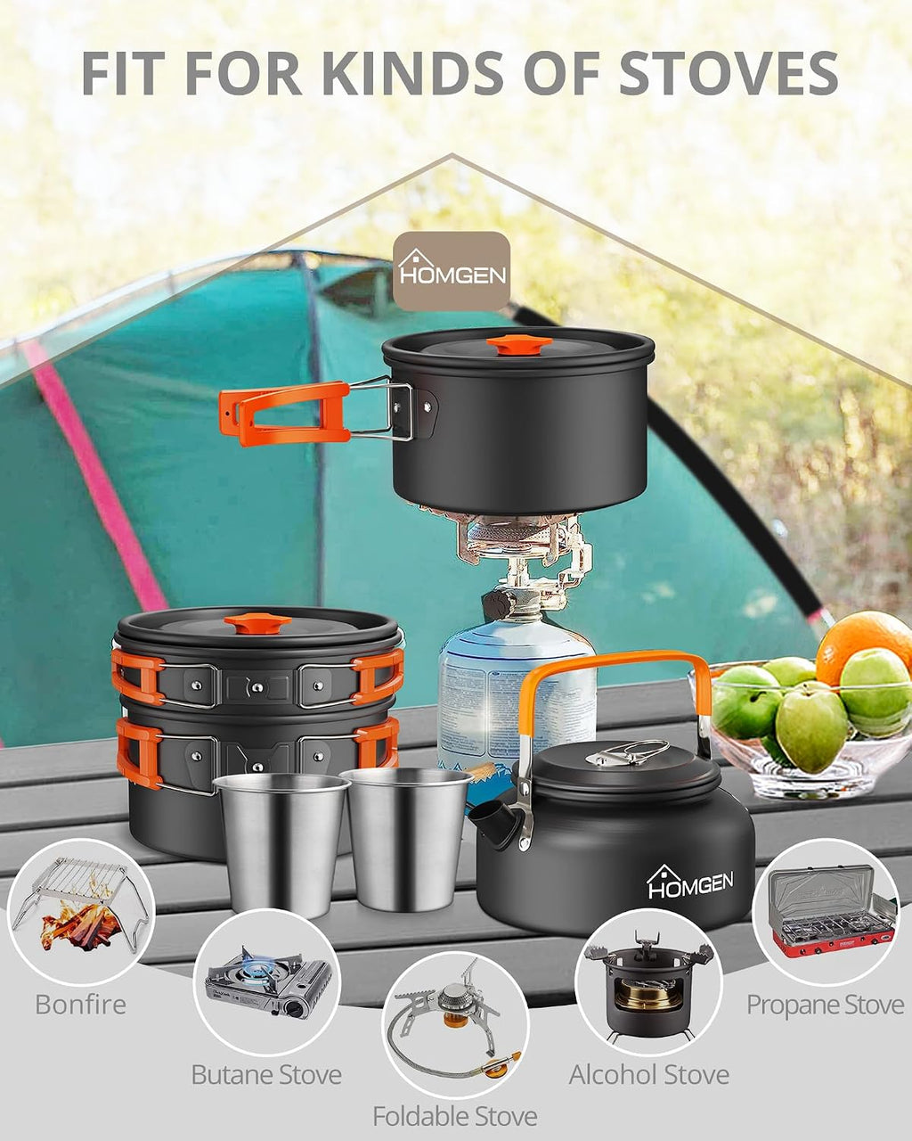 HOMGEN Portable Ultralight Anodized Aluminum Camping Cookware Set - Nesting Camping Pot and Pan-800ml Insulated Teapot-Carrying Bag-for Camping Hiking Picnic RV Trip