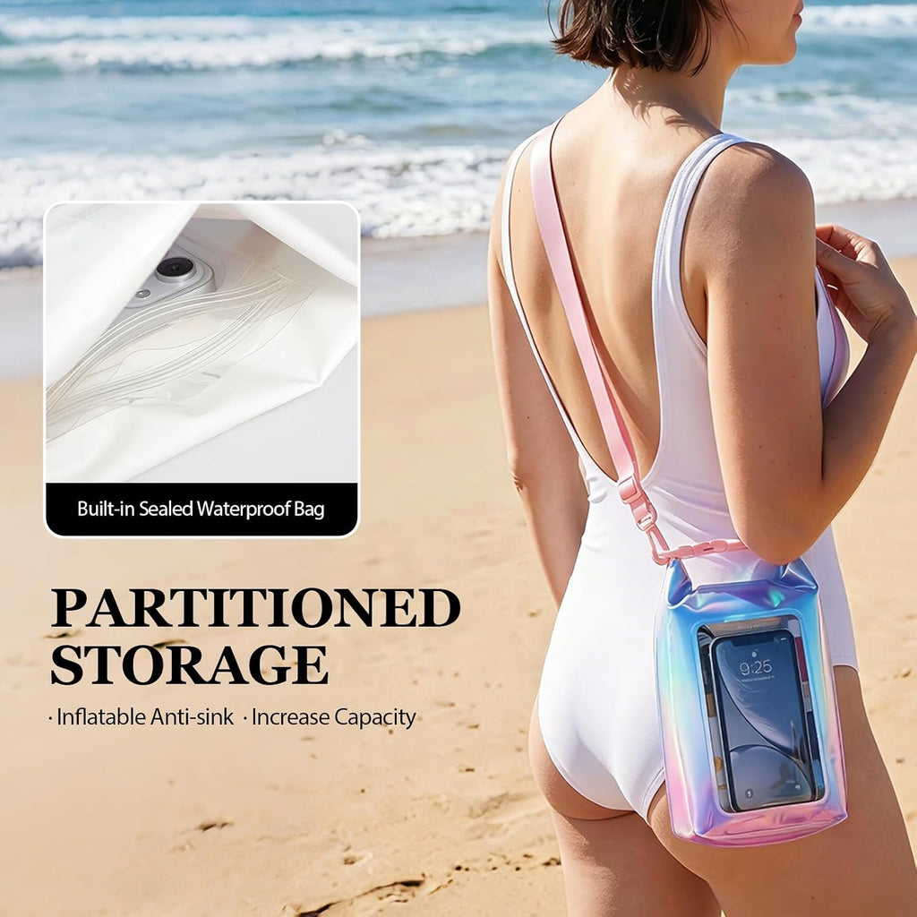 IP68 Waterproof Phone Pouch Case Three-Layer Seal for iPhone 17 16 Pro Max/15/14, IP68 Travel Cellphone Dry Bag Beach Cruise Ship Essential Bucket Bag with Crossbody Lanyard, Iridescent