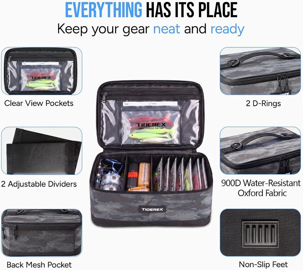 Fishing Tackle Bag with 20 DIY Soft Plastic Bait Bags, Black Camo