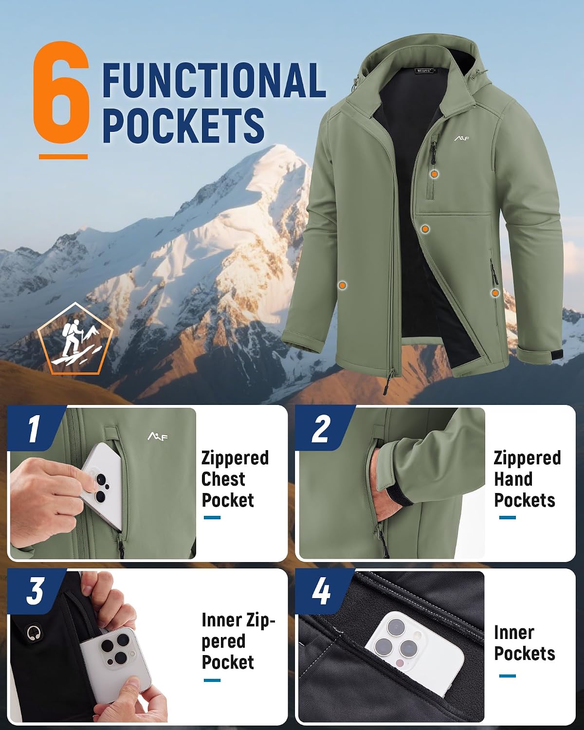 WULFUL Men's Softshell Jacket Waterproof Lightweight Insulated Windbreaker Fleece Lined Rain Shell Jacket for Hiking Travel