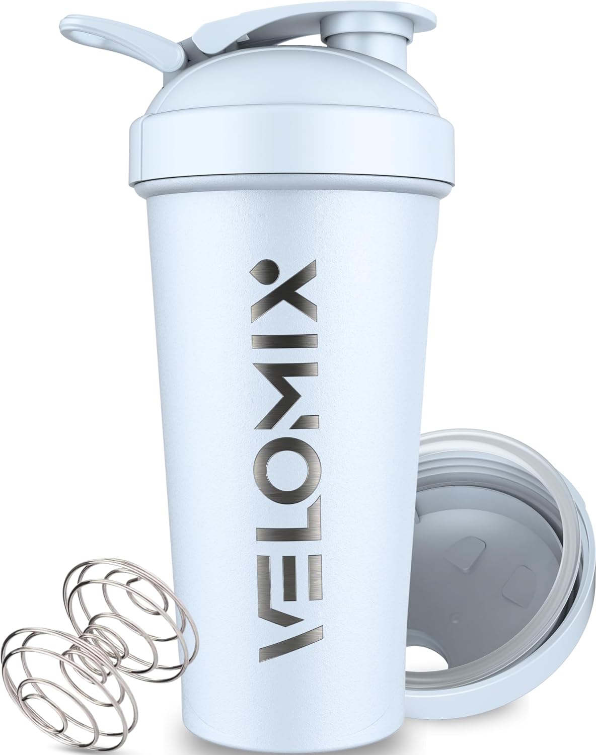 VELOMIX 24oz Stainless Steel Shaker Bottle with Wire Whisk (White)