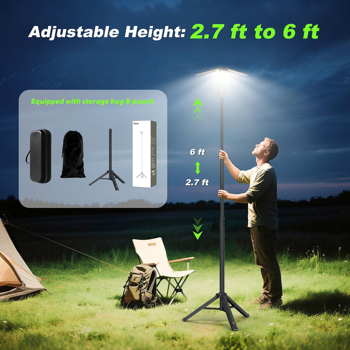 Clemas Camping Lights with Remote & Stand 6 Ft, 14000 mAh Rechargeable Camping Lantern Tent Light, 6000 Lumen Work Light, Portable Outdoor Light for Hiking, Camping, Emergency, Power Outages