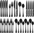 Astercook 24-Piece Black Silverware Set with Steak Knives Flatware Set for 4 Food-Grade Stainless Steel Cutlery Set Mirror Polished Utensils Set Include Spoons and Forks for Home Kitchen Restaurant