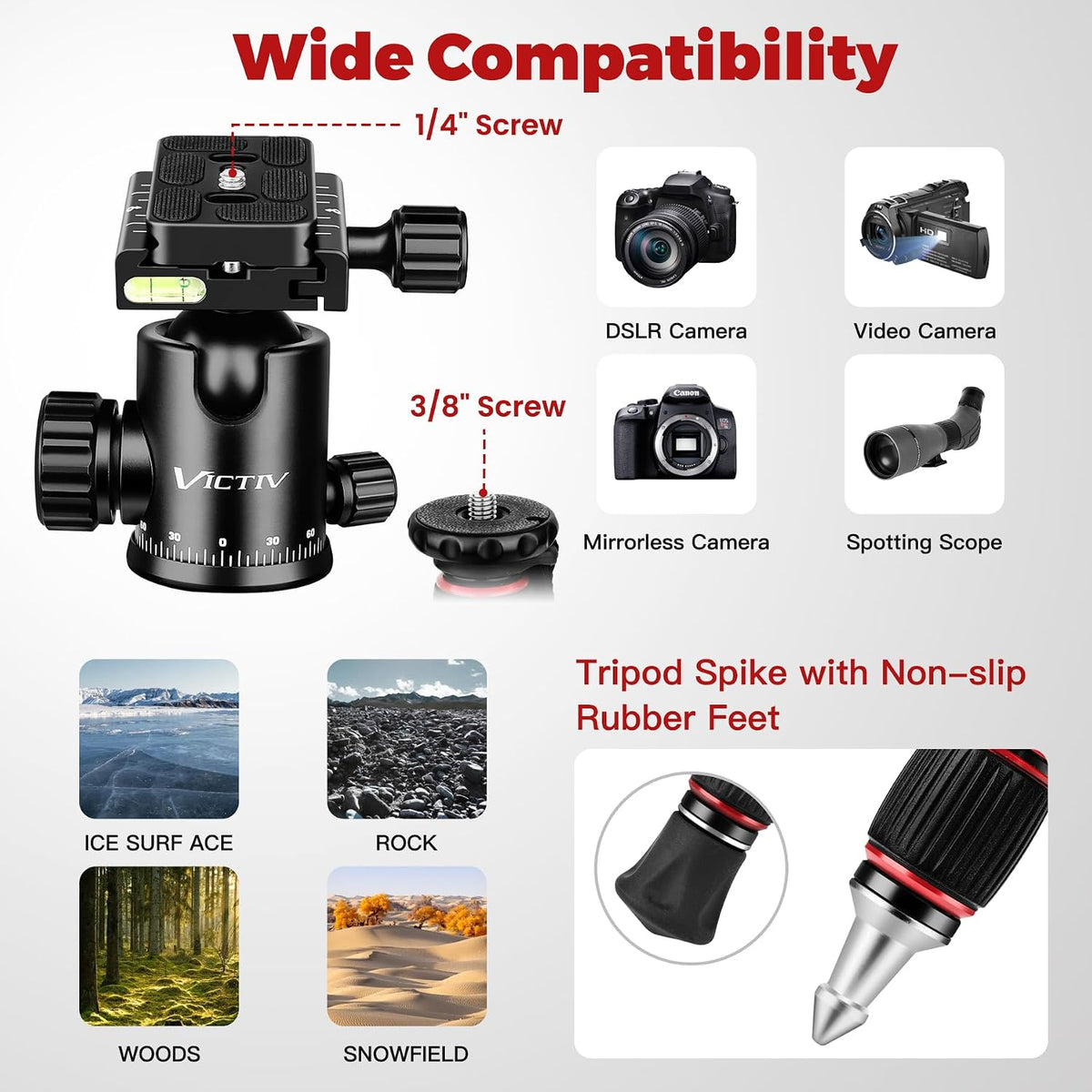 Victiv Camera Tripod, 80" Ball Head Tripod with Carry Bag & Phone Holder