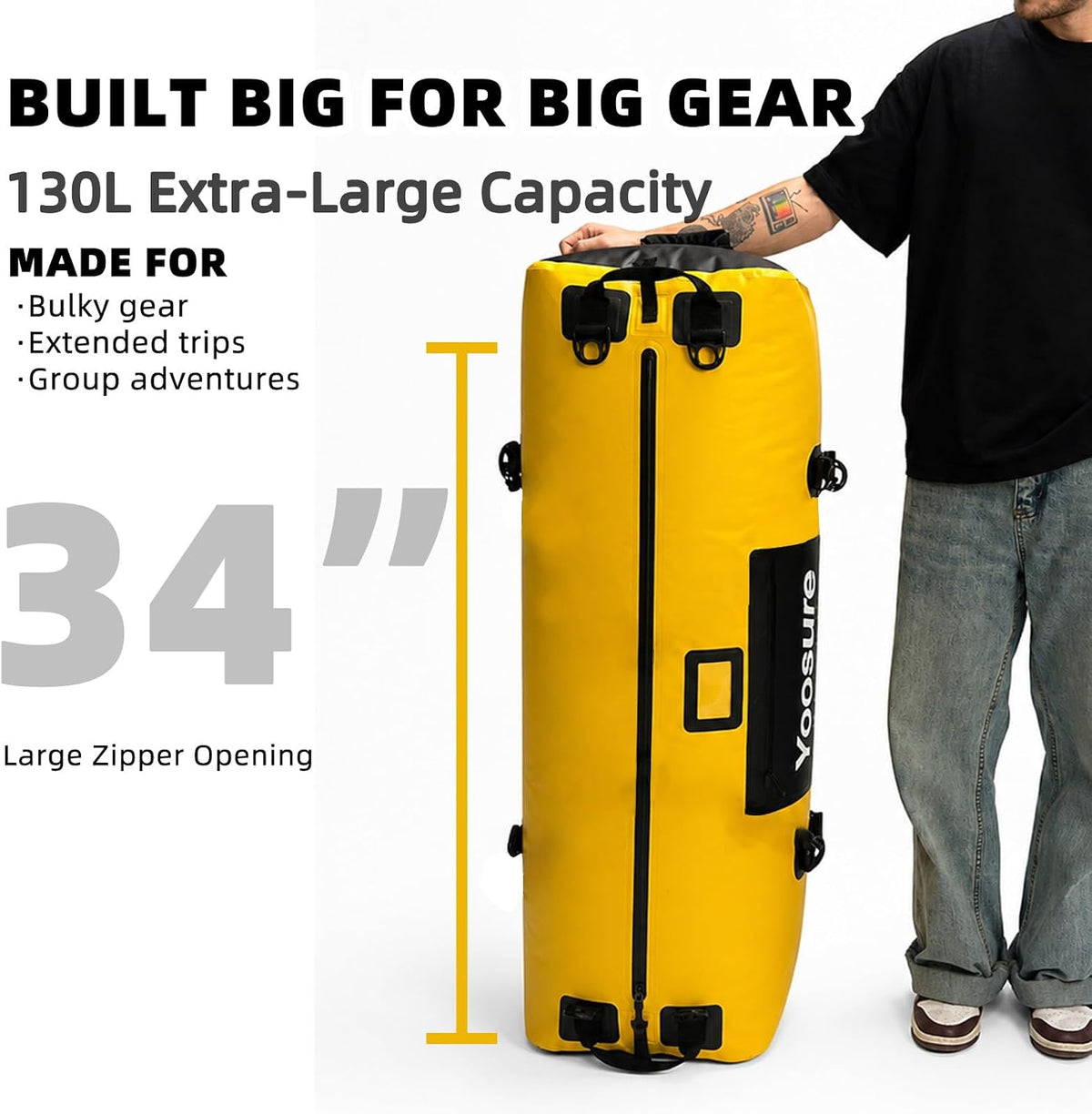 130L Waterproof Duffel Bag, Heavy Duty Dry Bag with IPX7 Airtight Zipper, 700D PVC Extra Large Cargo Duffel with Straps for Camping, Boating, Kayaking, Roof Rack & Truck Bed