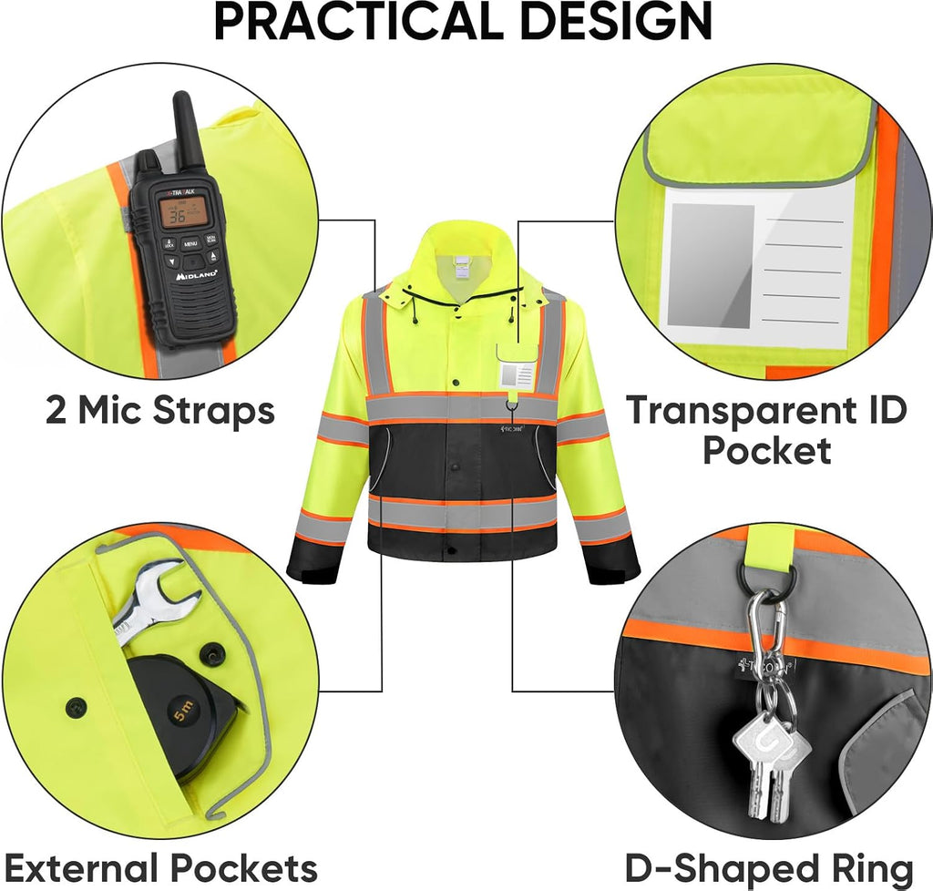 TICONN Reflective Rain Jacket, Waterproof ANSI Class 3 Hi Vis Safety Coat
