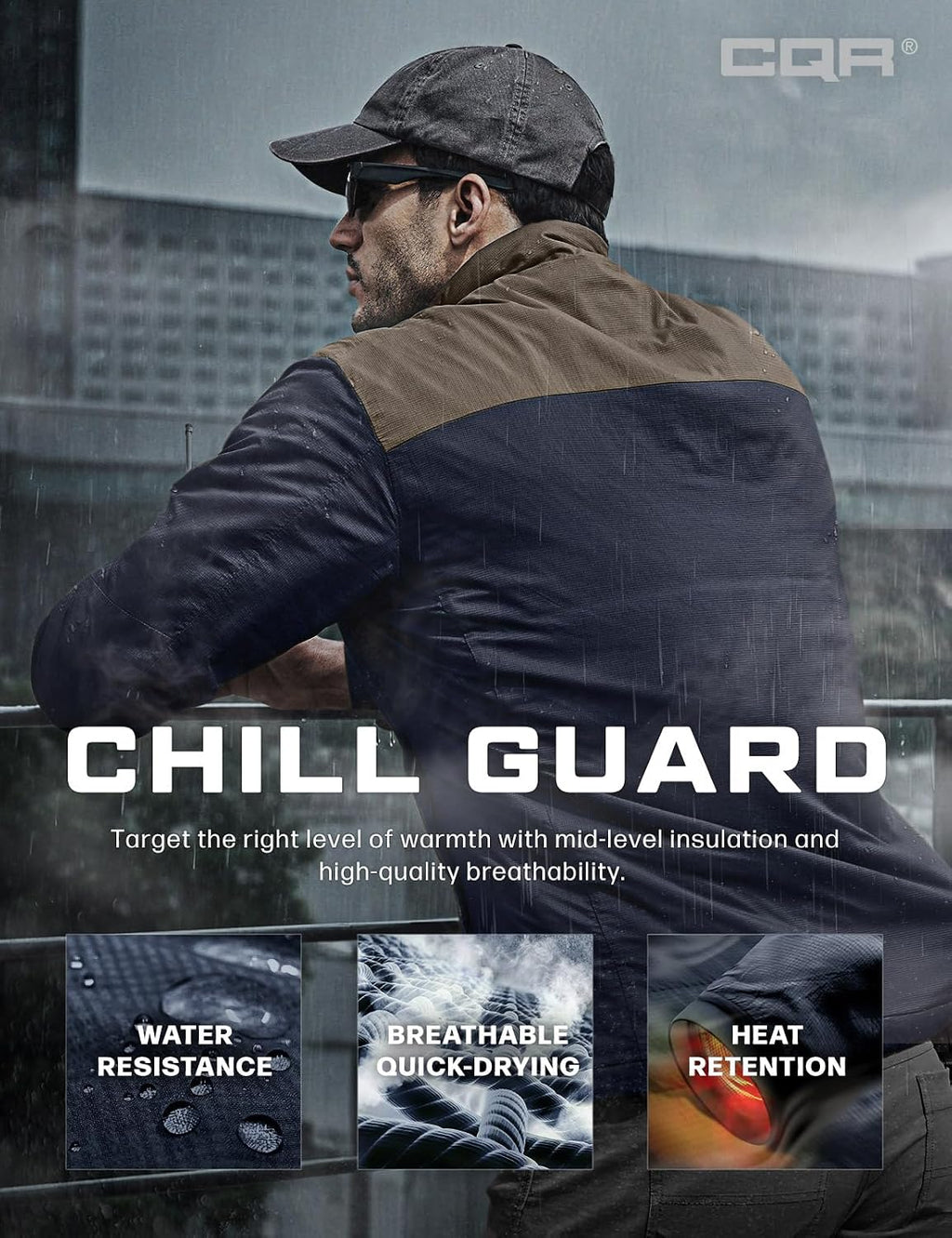 CQR Men's Lightweight Warm Insulated Jacket, Windproof Water Resistant Winter Active Coat for Hiking Work Outdoor Tactical
